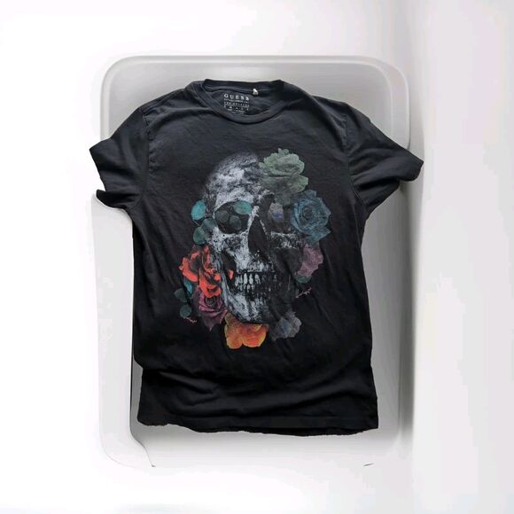 Guess Skull & Colorful Roses Graphic Short Sleeve T-Shirt Black Women’s Sz SMALL - Picture 1 of 5